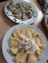 Pirogi, polnisches Nationalgericht: mit Kabis und Pilzen (oben), süss mit Frischkäse (unten)
